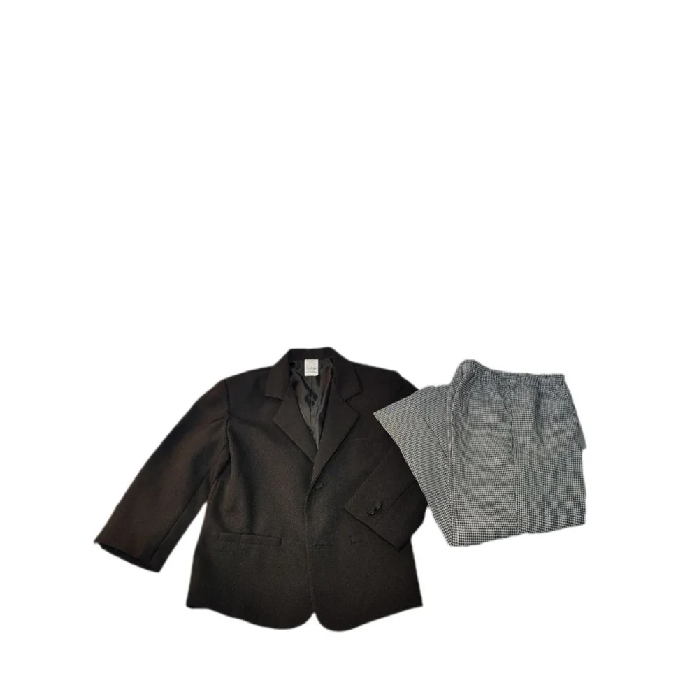 Boys 4T 4 Piece Suit Set Black Blazer Houndstooth Pants Dress Shirts Formal